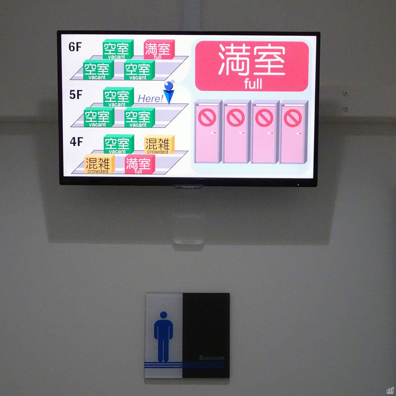 トイレの入口に設置されたデジタルサイネージ
